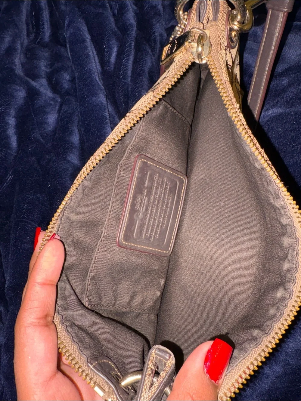 Coach Beige Signature Canvas Shoulder Bag with Brown Leather Strap